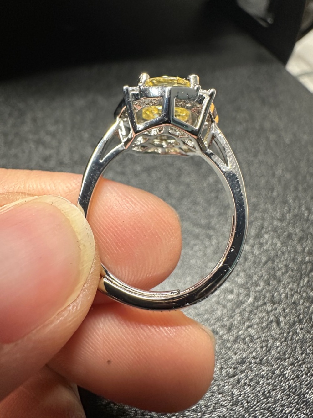 Yellow Statement Ring Halo Style Adjustable Silver Tone Sparkly Ring - Picture 3 of 6